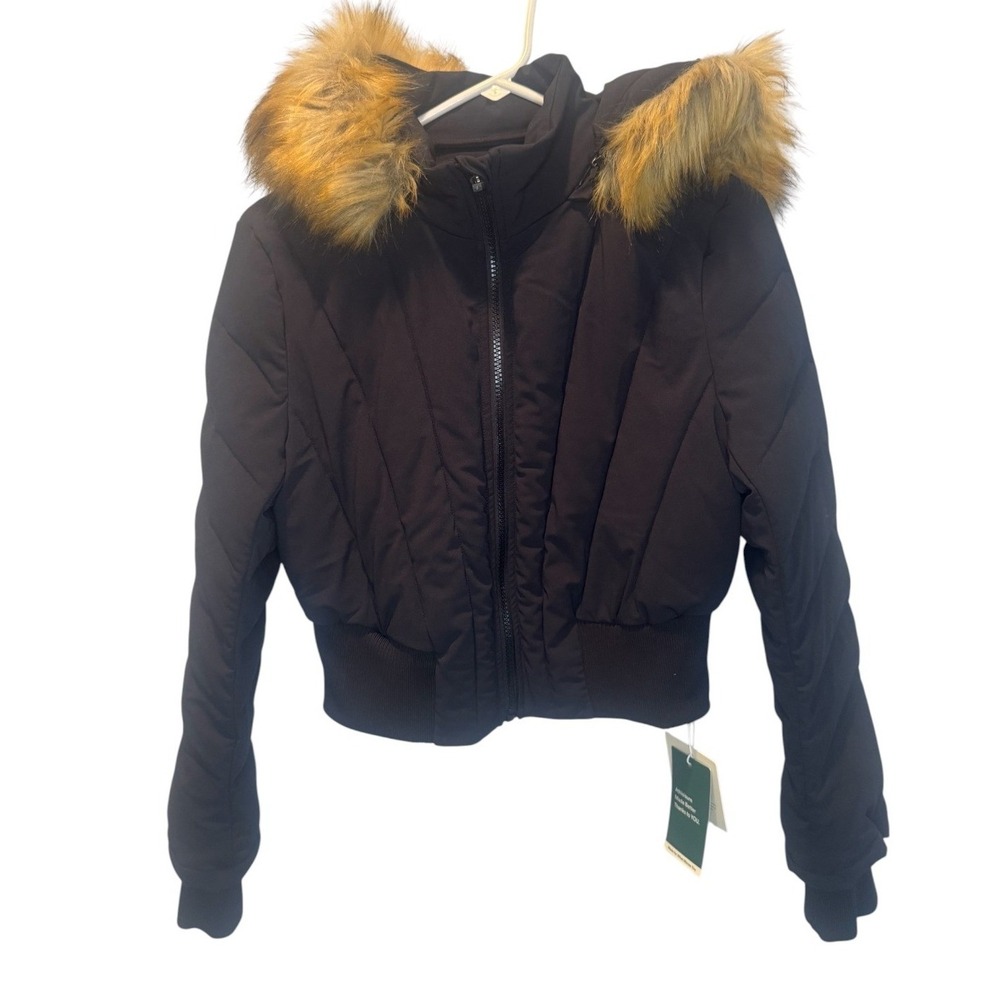 Halara Womens Black Puffflex Removable Faux Fur Hooded Padded Jacket M NEW